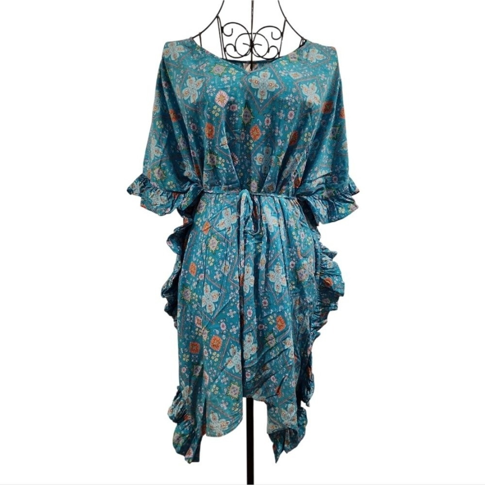 Seafolly Kaftan Cover Up Women O/S Teal Floral Boho Resortwear Beach Australian